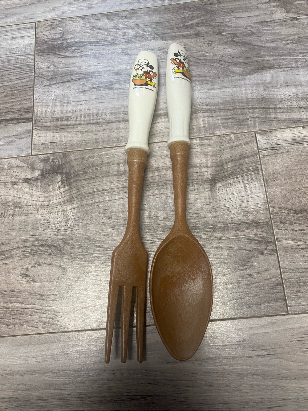 Vintage Disney Mickey Mouse 2pc Salad Serving Spoon & Fork Set Ceramic Handle